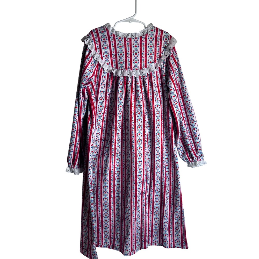 Lanz Nightgown Size M 7/8 Red Blue Striped Floral Heart Lace Trim Kids